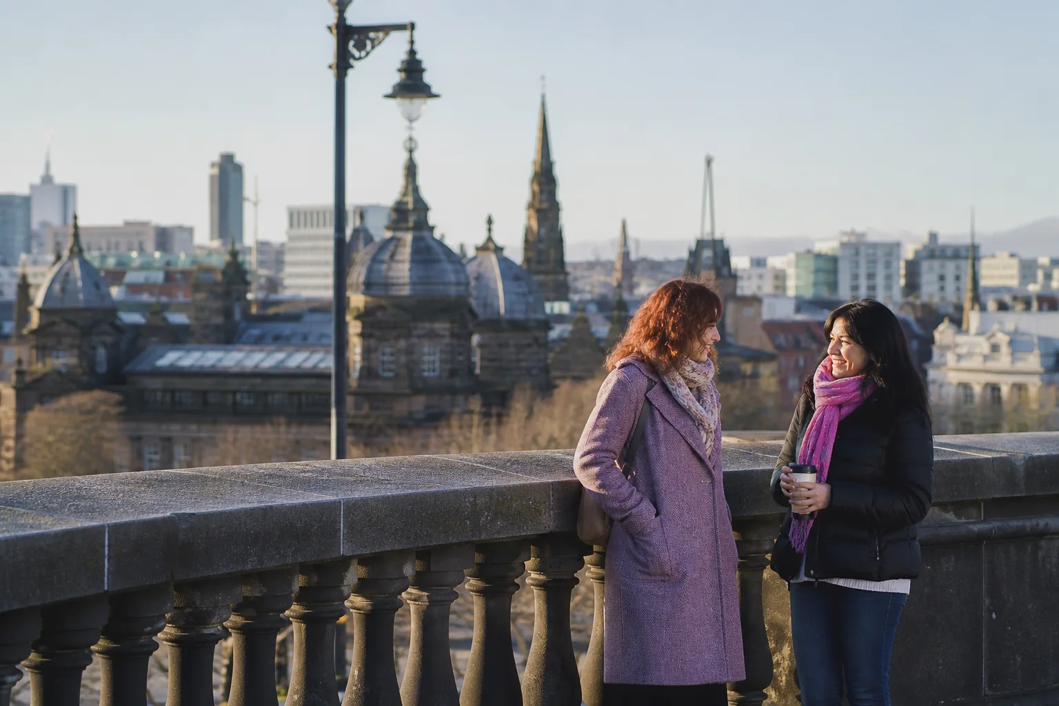 Two single adults talking over coffee in Glasgow city centre