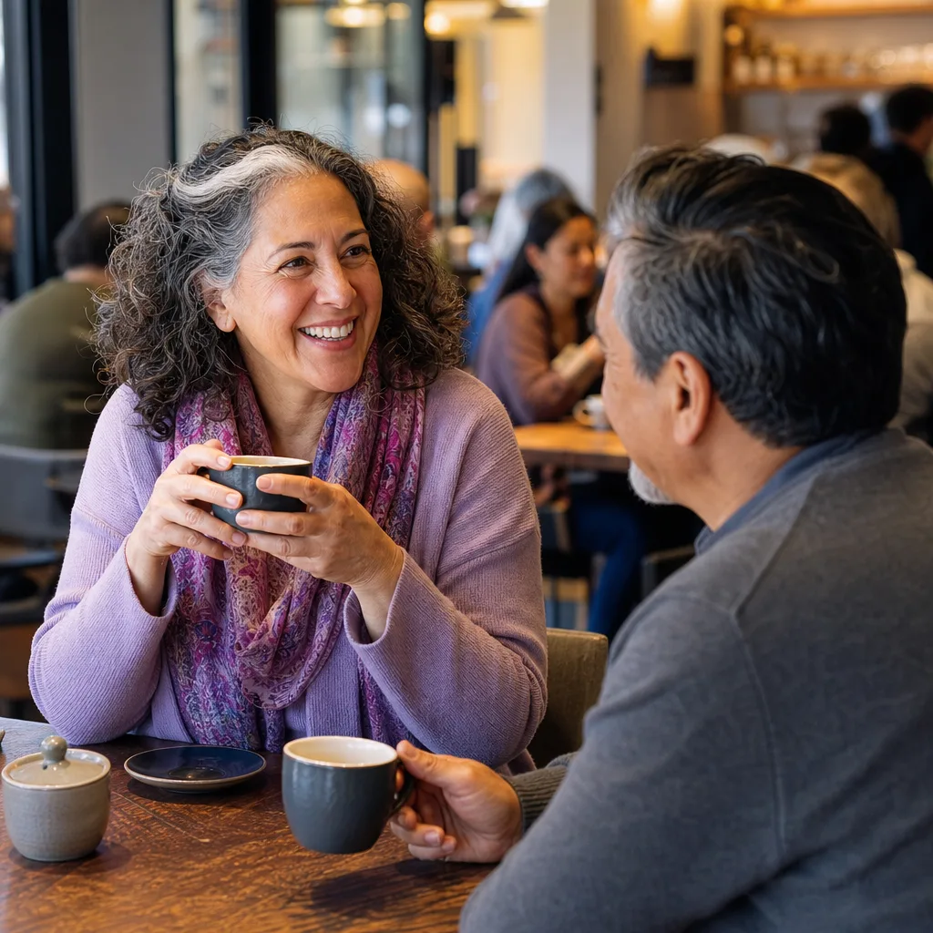 Mature Glasgow singles chatting at a relaxed public café