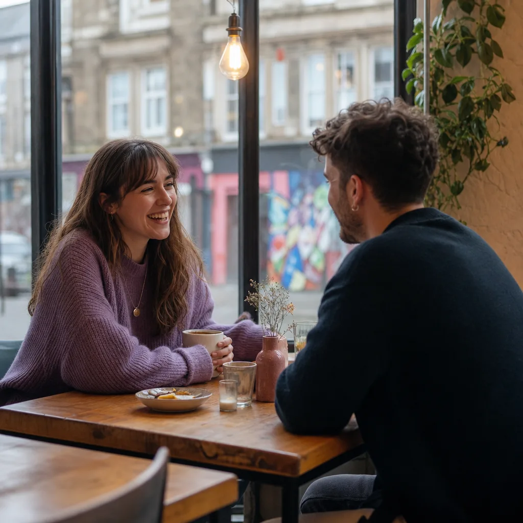 Coffee and cake set out on a table in a cosy Glasgow café