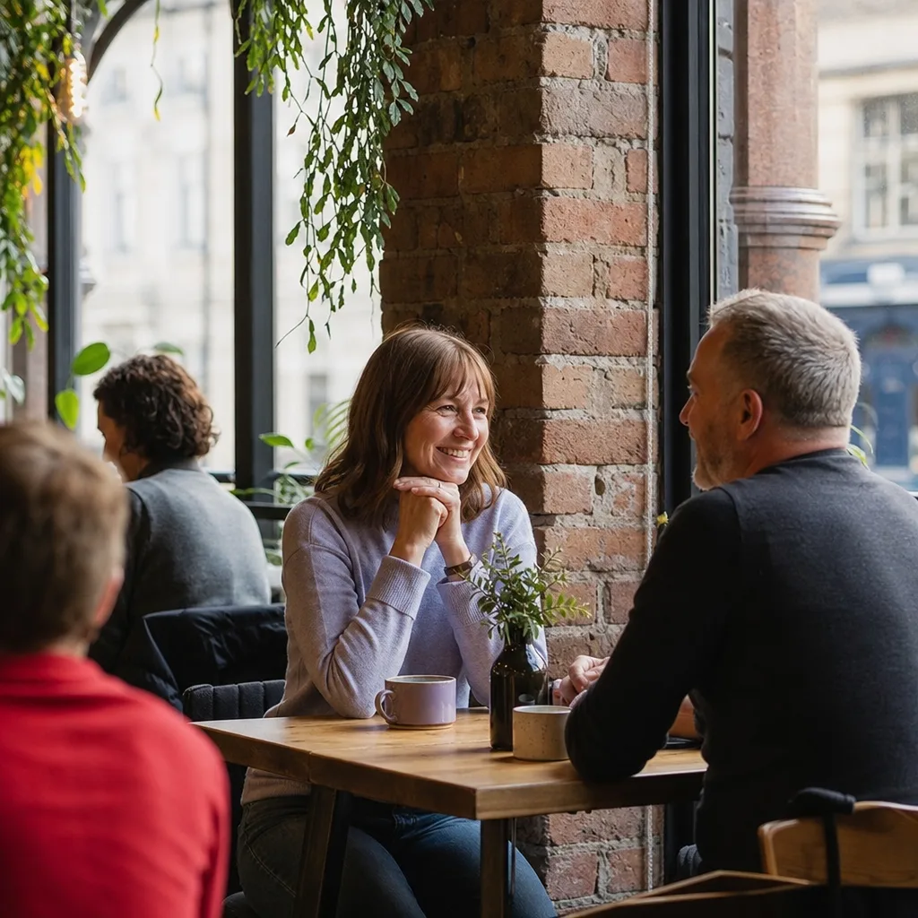 Two Glasgow singles over 40 talking at a relaxed city café