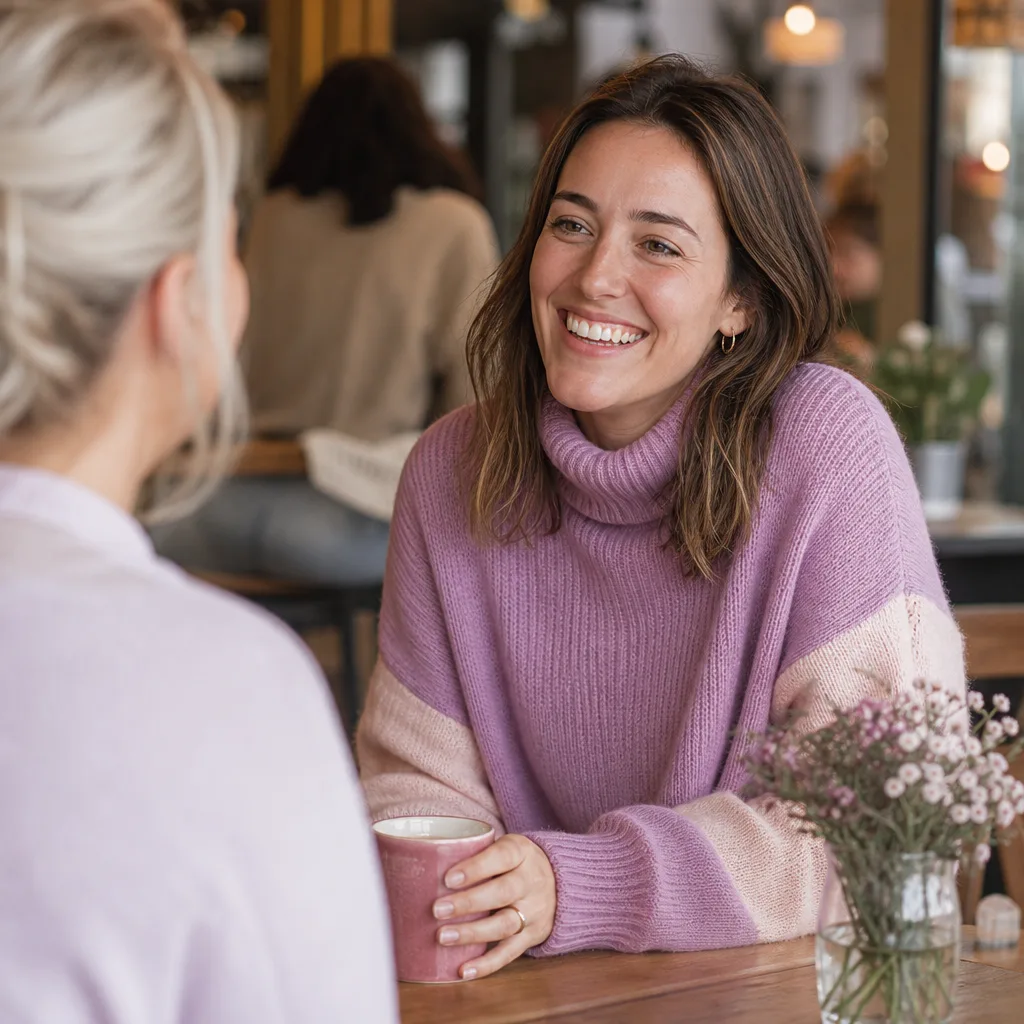 Two women meeting in a bright public cafe in Glasgow