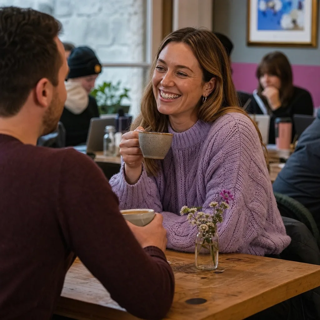 Friends meeting at a busy public café in central Glasgow