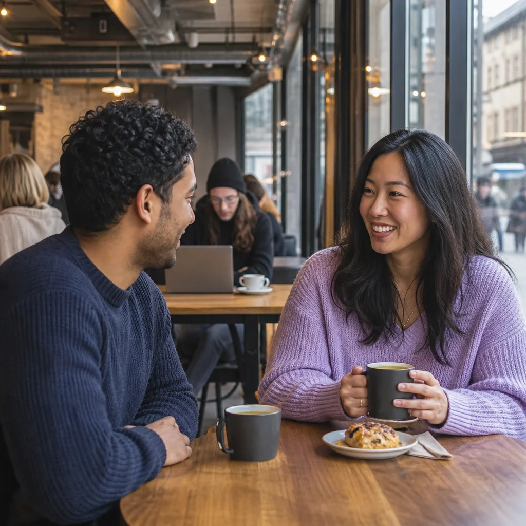 Two adults meeting at a busy Glasgow café during the daytime