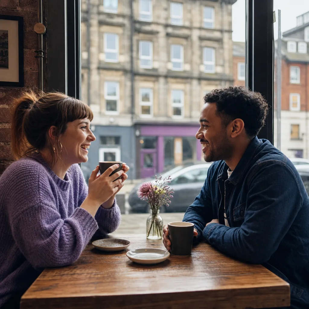 Two people meeting near Kelvingrove Park in Glasgow